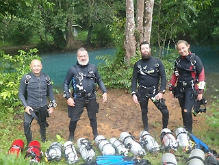 Four Technical divers preparing to dive
