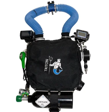 A front view of the Triton rebreather ready to dive