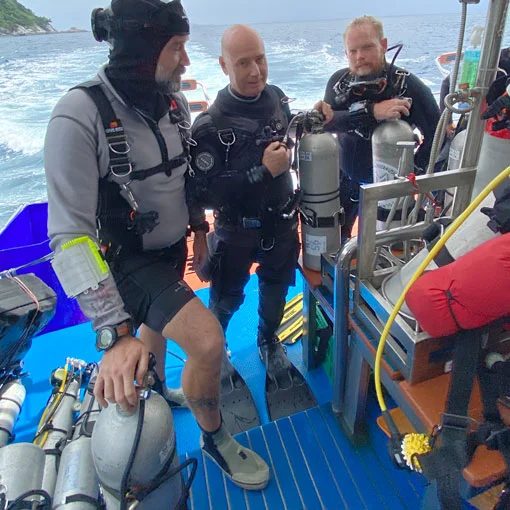 technical diving courses in thailand. Technical divers prepare their equipment to dive with Instructor Trainer Kevin Black